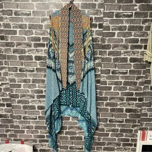 Rococo Sand blue white orange beaded embroidered duster coverup 100% silk kimono